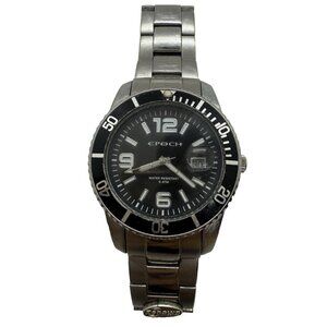Epoch Quartz Men's Round Watch Silver Tone Bracelet WR 5ATM Black Face Date 40mm